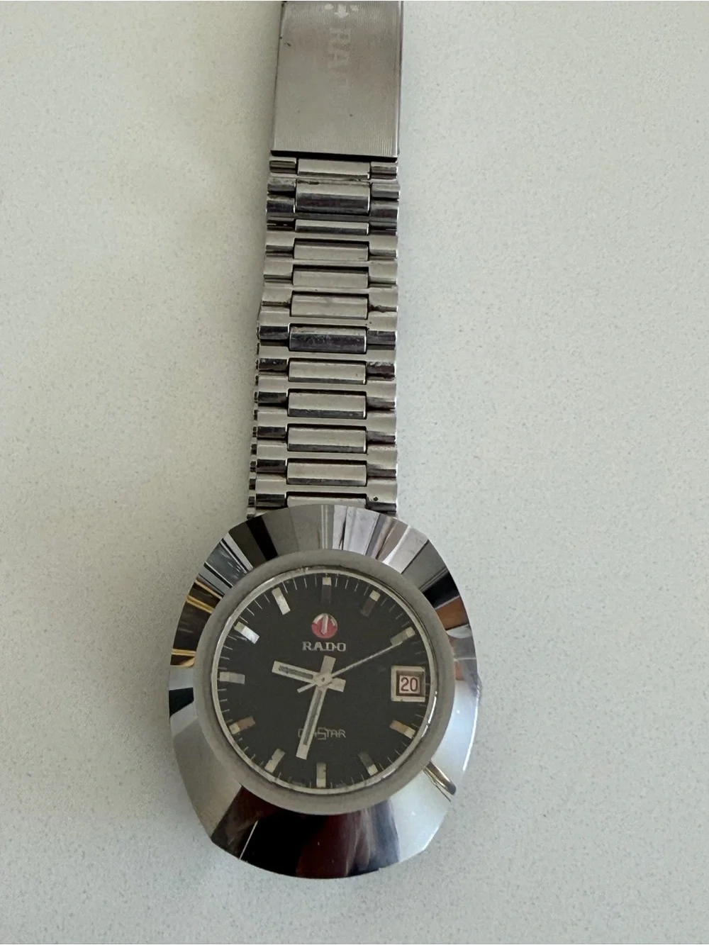 Rado Vintage Stainless Steel Watch with Black Dial and Red Logo